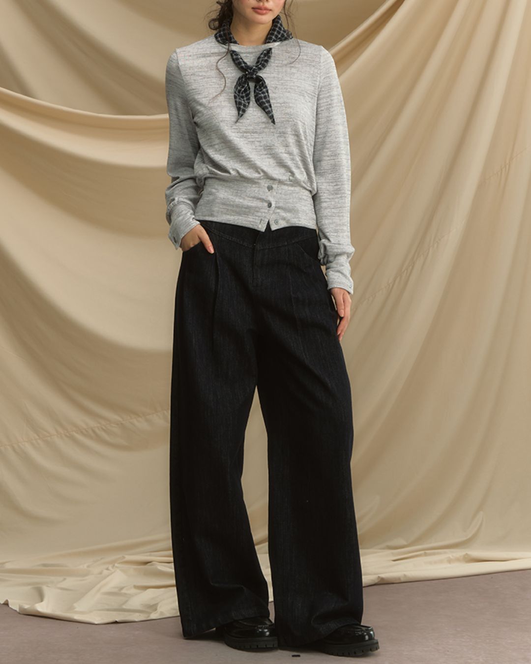 Checkered Scarf Buttoned Top　LT005