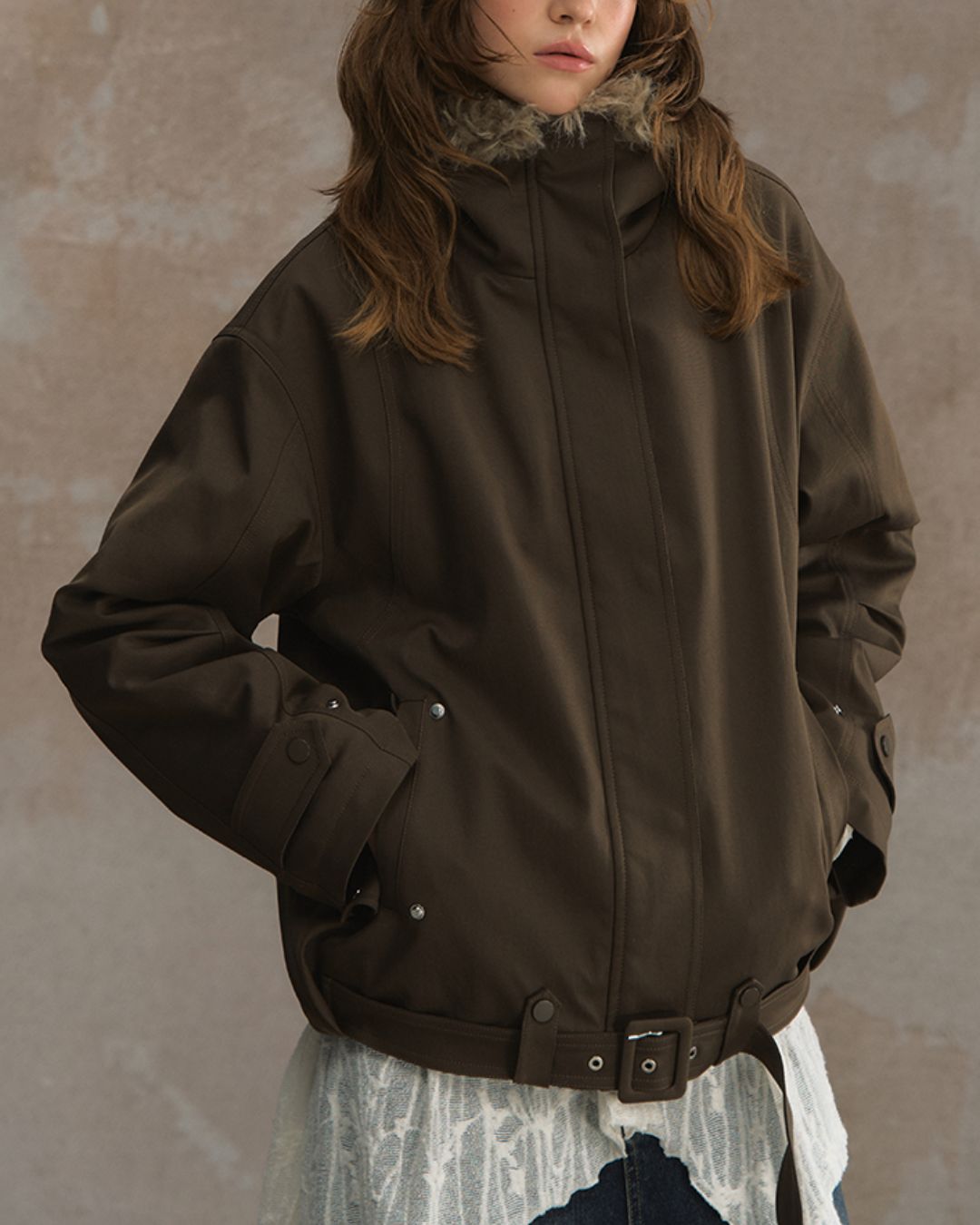 Belted Fur-lined Twill Jacket　JK064