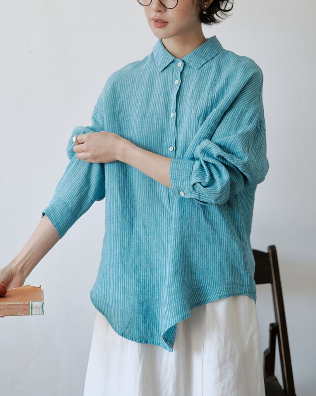 Drop Shoulder Striped Linen Shirt　LS042