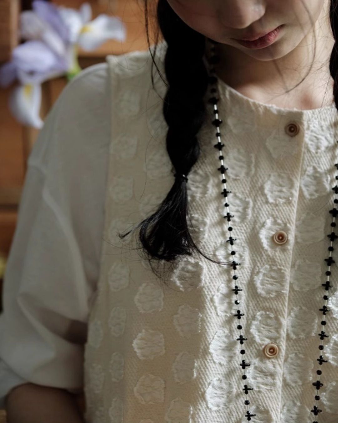 Cotton Linen Jacquard Peplum Vest　VT017