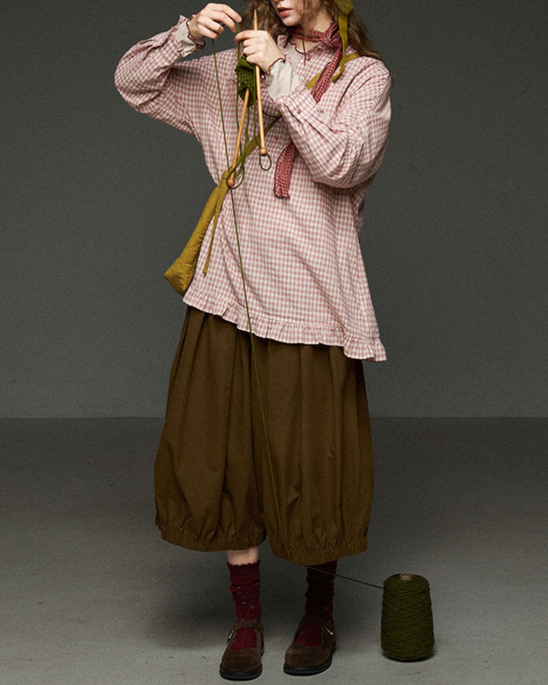 Pink Checked Ruffle Shirt　LS027