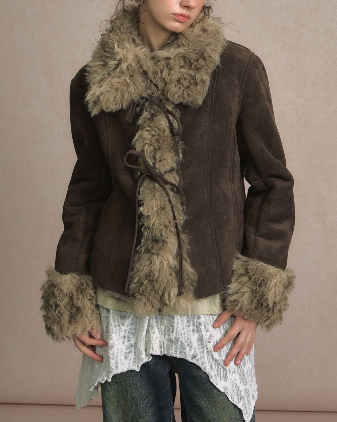 Ribbon-tied Fur Suede Jacket　JK066
