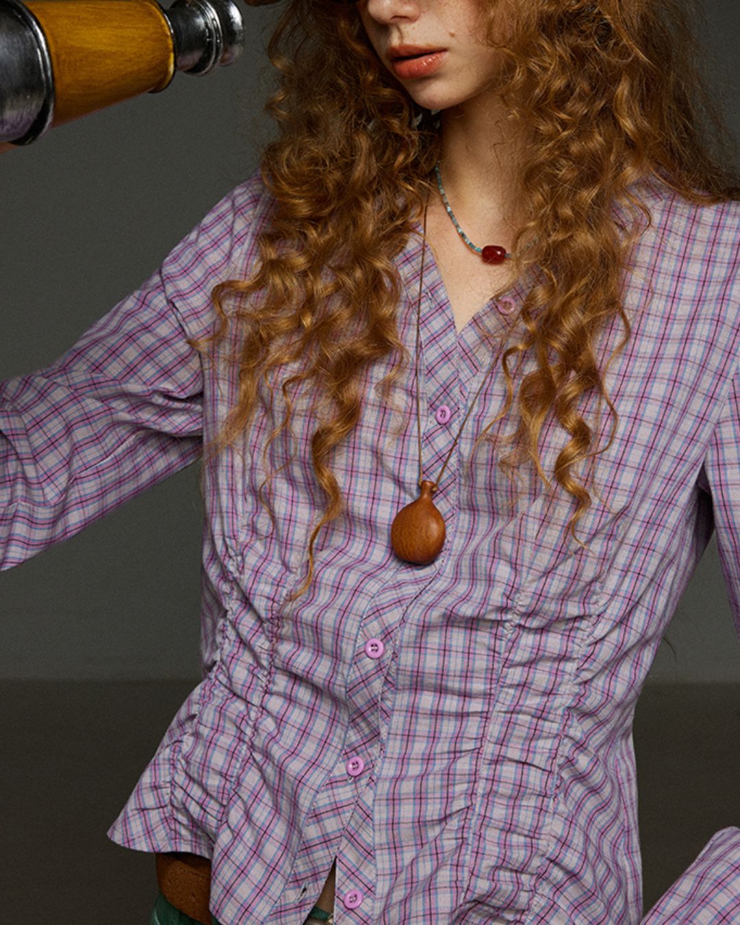 Check V-neck Shirred Shirt　LS028