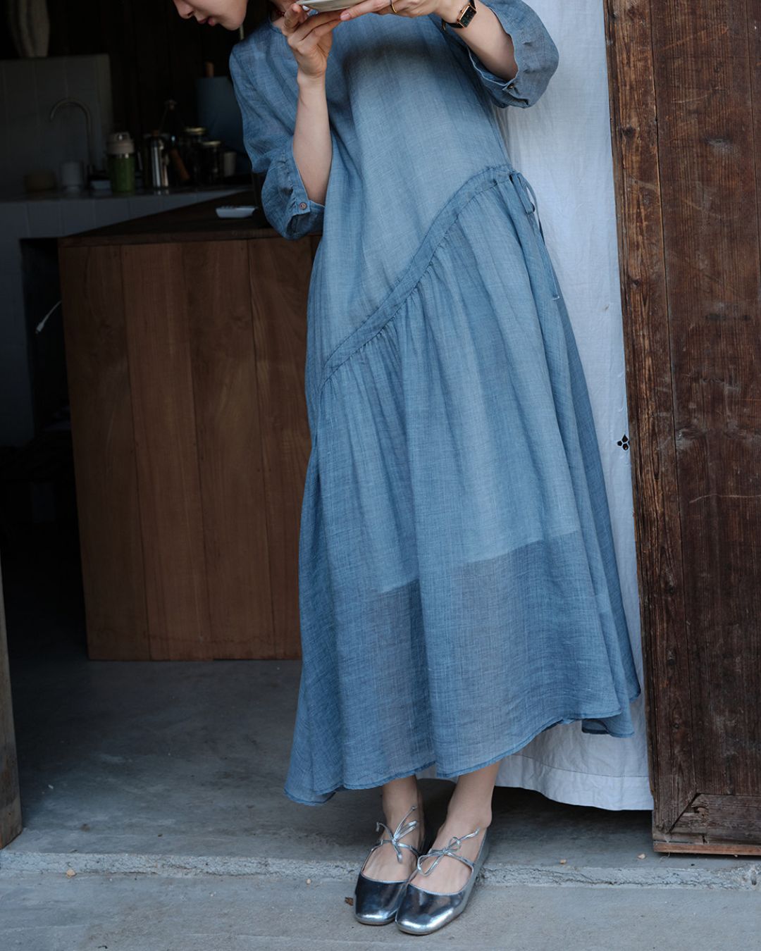Ramie Drawstring A-Line Dress　OP005