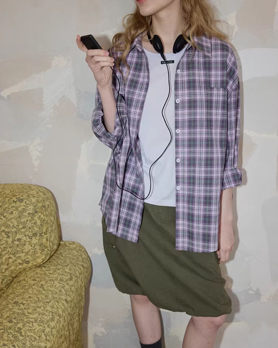 Light Purple Relaxed Check Shirt　LS069