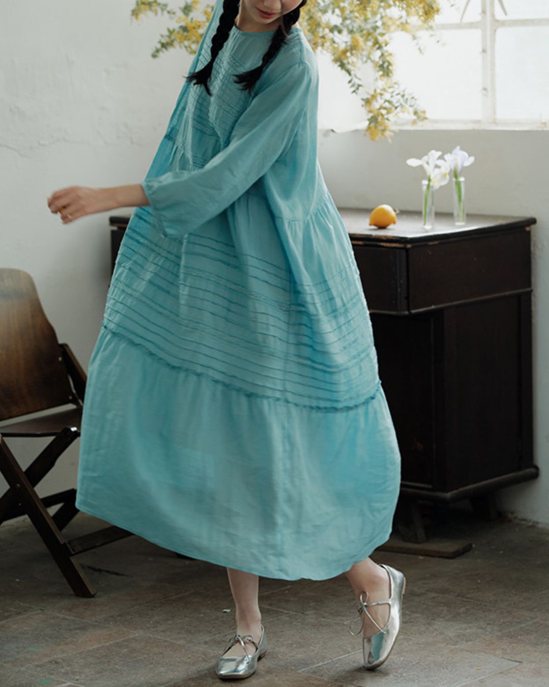 Round Neck 3/4 Sleeve Ramie Dress　OP004