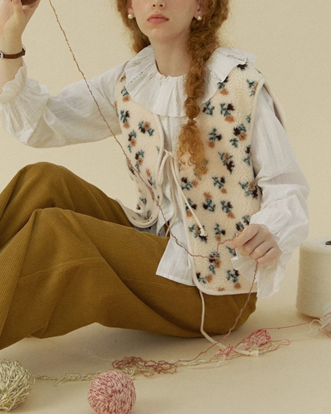 Retro Floral Front Ribbon Boa Vest　VT016