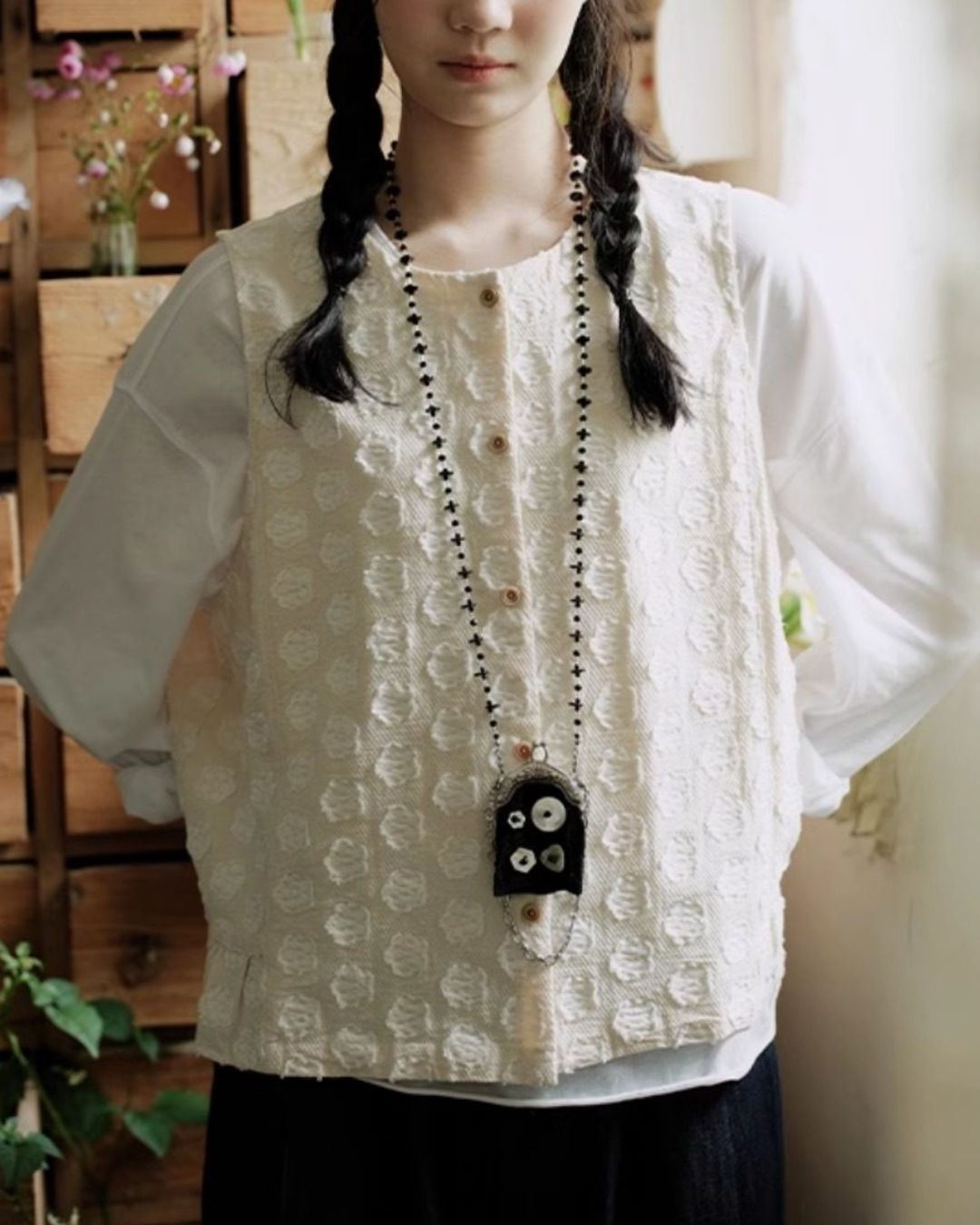 Cotton Linen Jacquard Peplum Vest　VT017