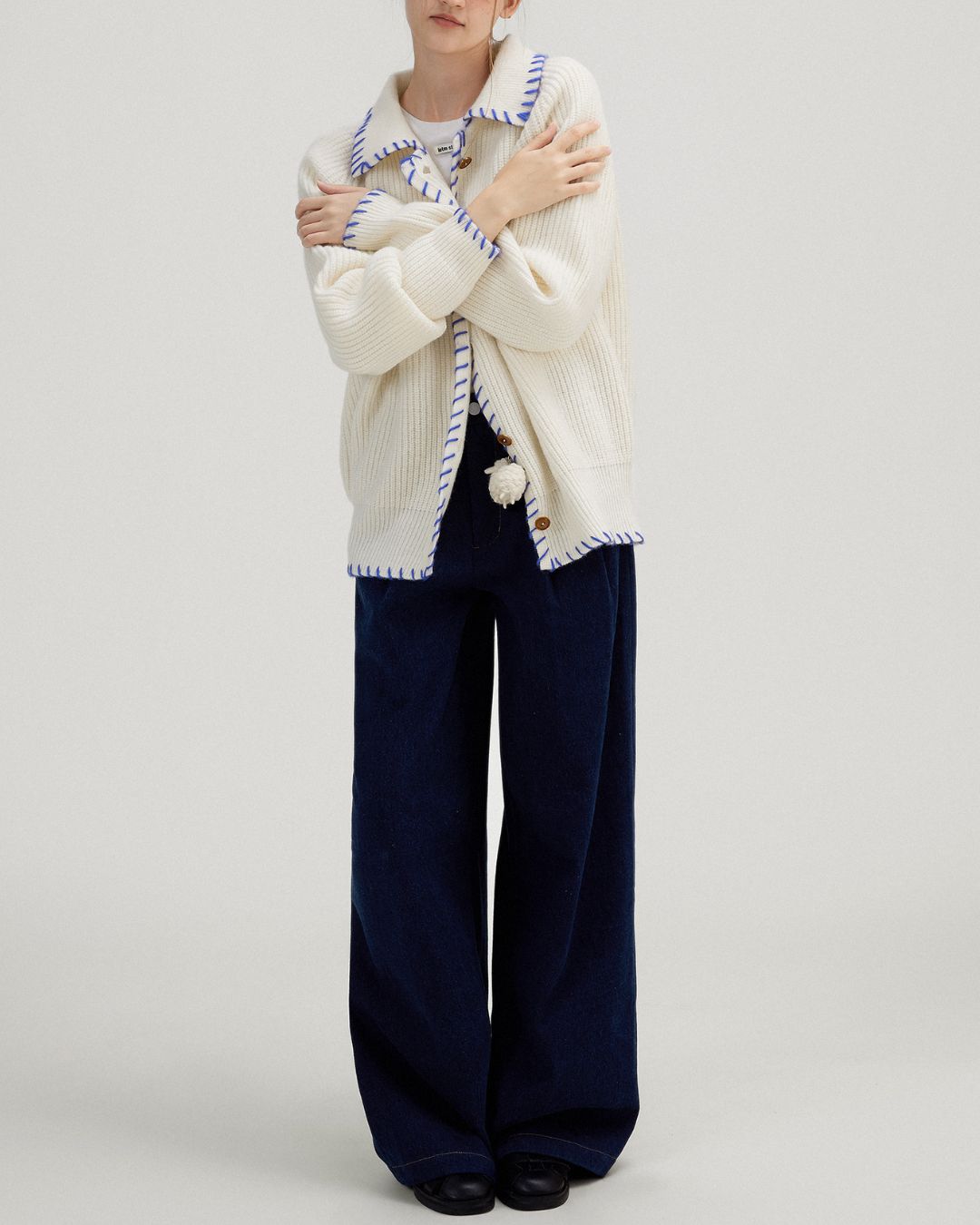 Contrast Stitch Wool Knit Cardigan　KN028