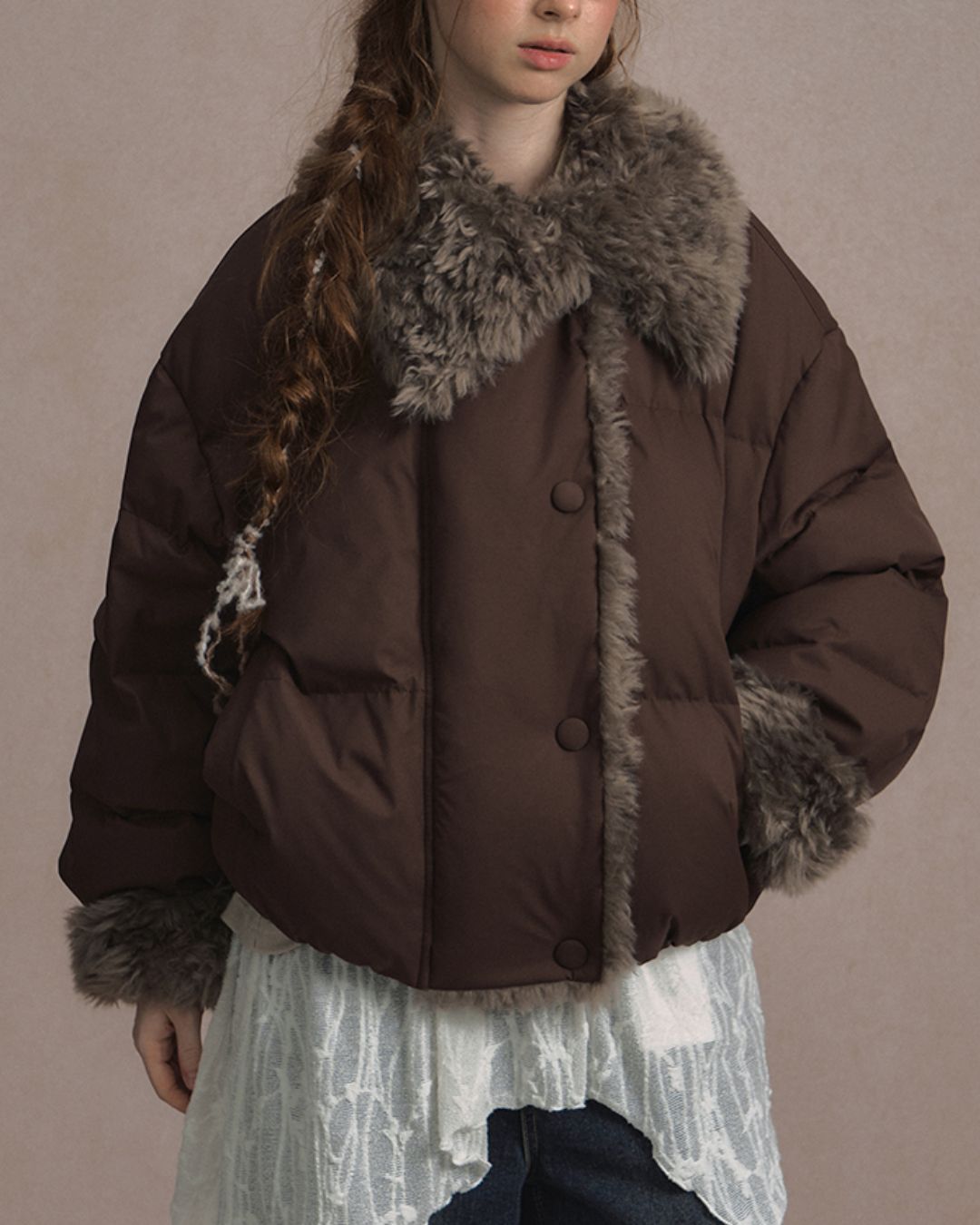 Asymmetrical Fur Short Down Jacket　JK065