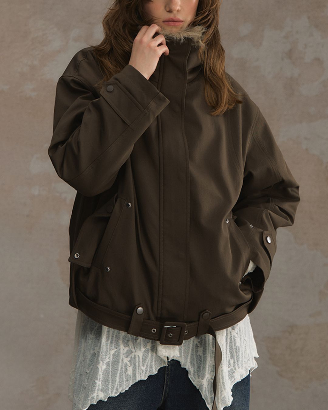 Belted Fur-lined Twill Jacket　JK064