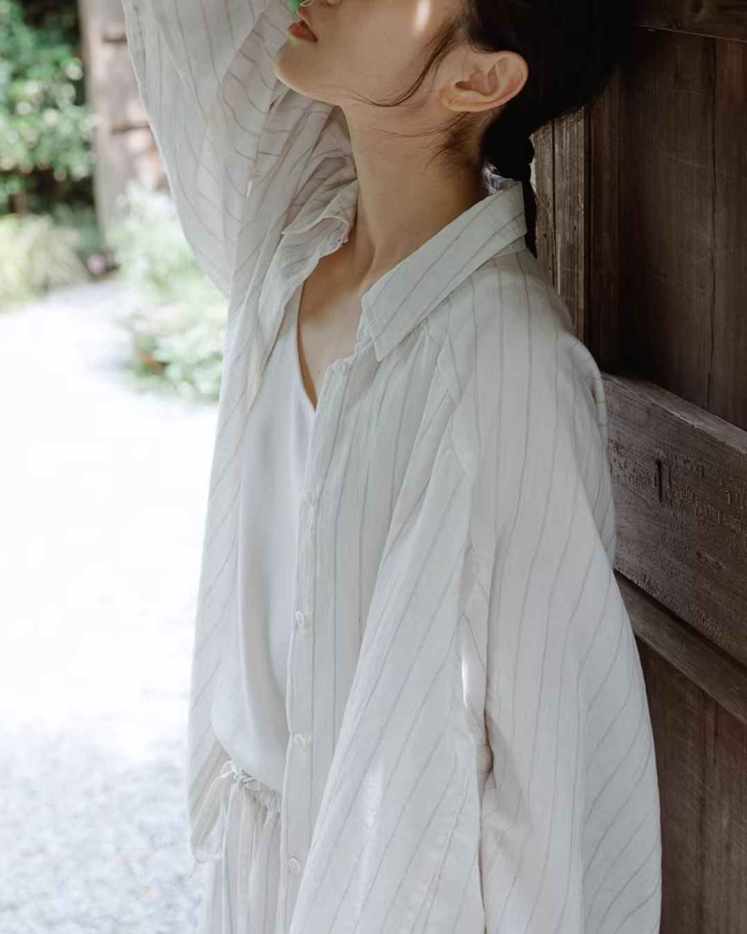 Linen Blend Oversized Striped Shirt　LS064
