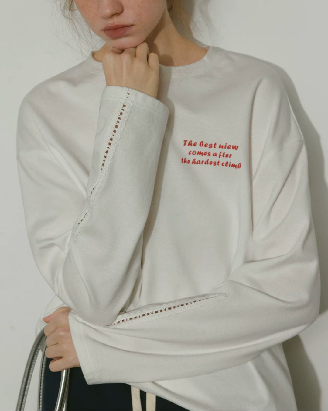 Printed Logo Sleeve Lace Henley Neck T-shirt　LT019