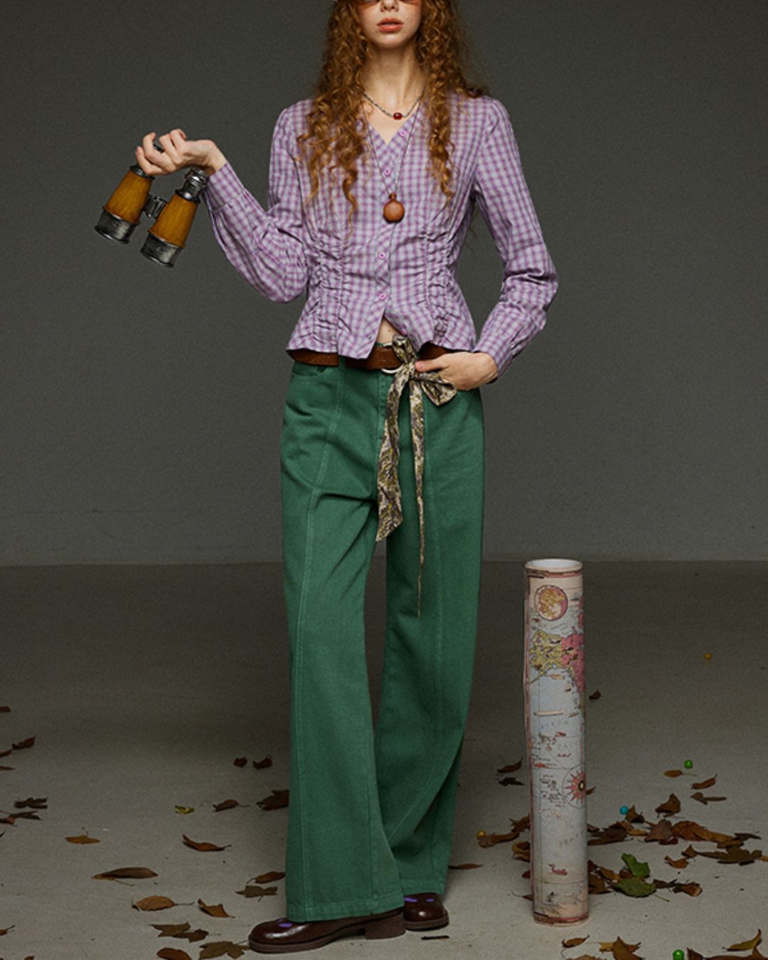 Check V-neck Shirred Shirt　LS028