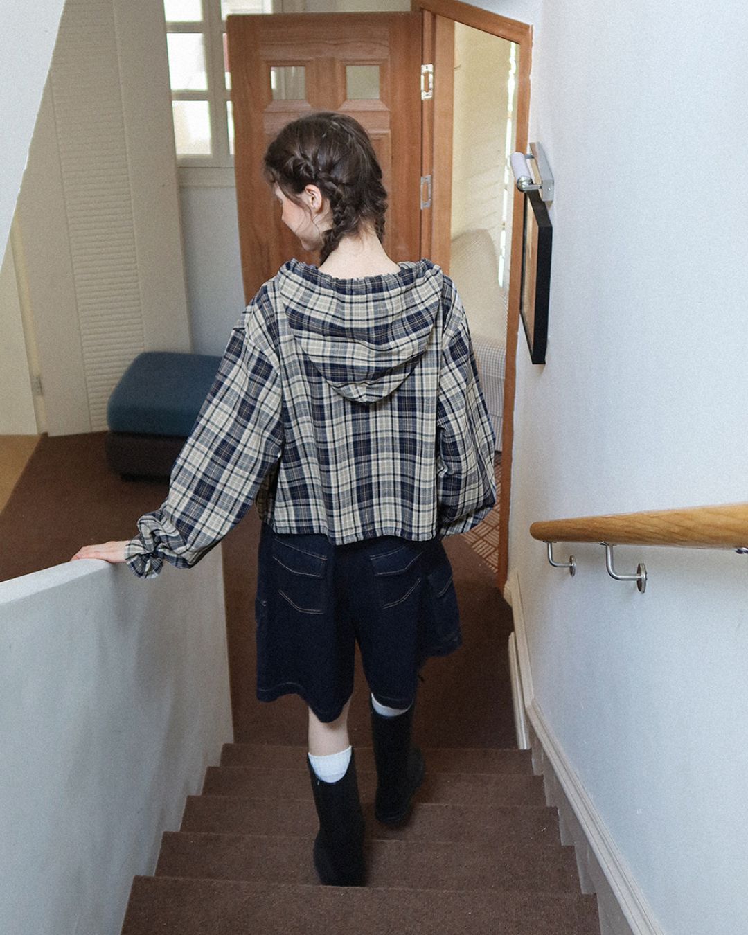 Hooded Drawstring Checked Shirt　LS018