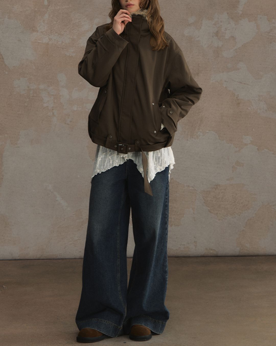 Belted Fur-lined Twill Jacket　JK064