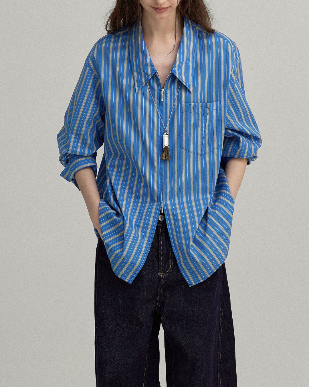 Double Zipper Striped Shirt　LS014
