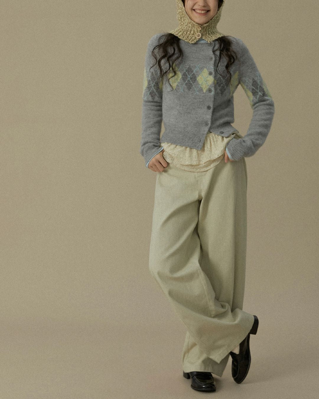 Asymmetrical Argyle Knit Cardigan　KN082