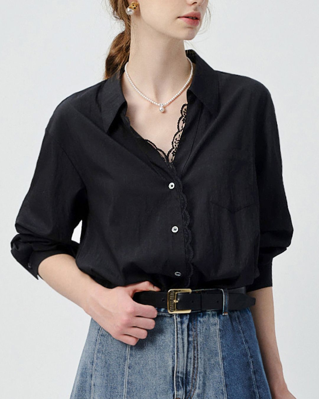 Lace V-neck French Shirt　LS033