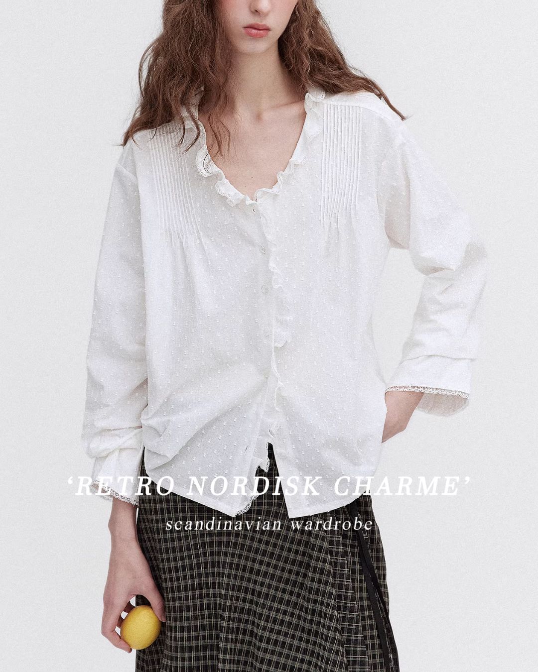 Frilled V-neck Lace Embroidered Shirt　LS067