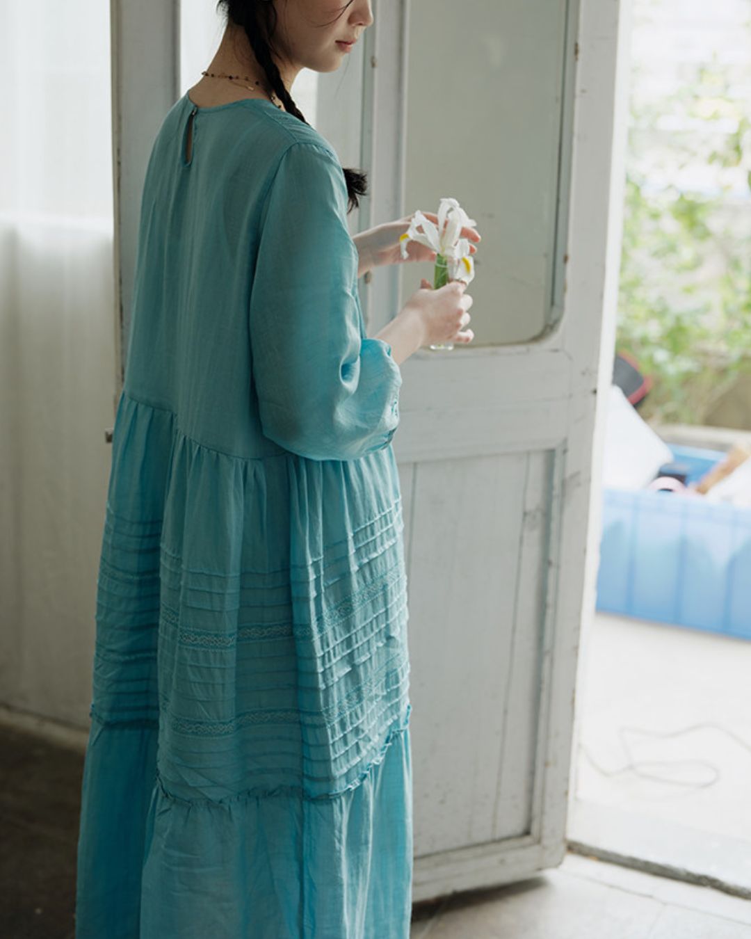 Round Neck 3/4 Sleeve Ramie Dress　OP004