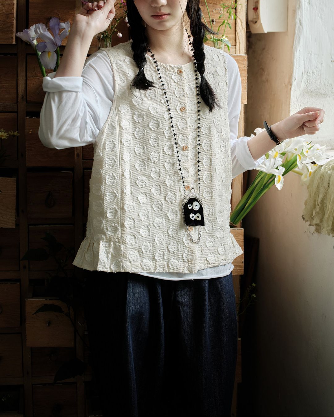 Cotton Linen Jacquard Peplum Vest　VT017
