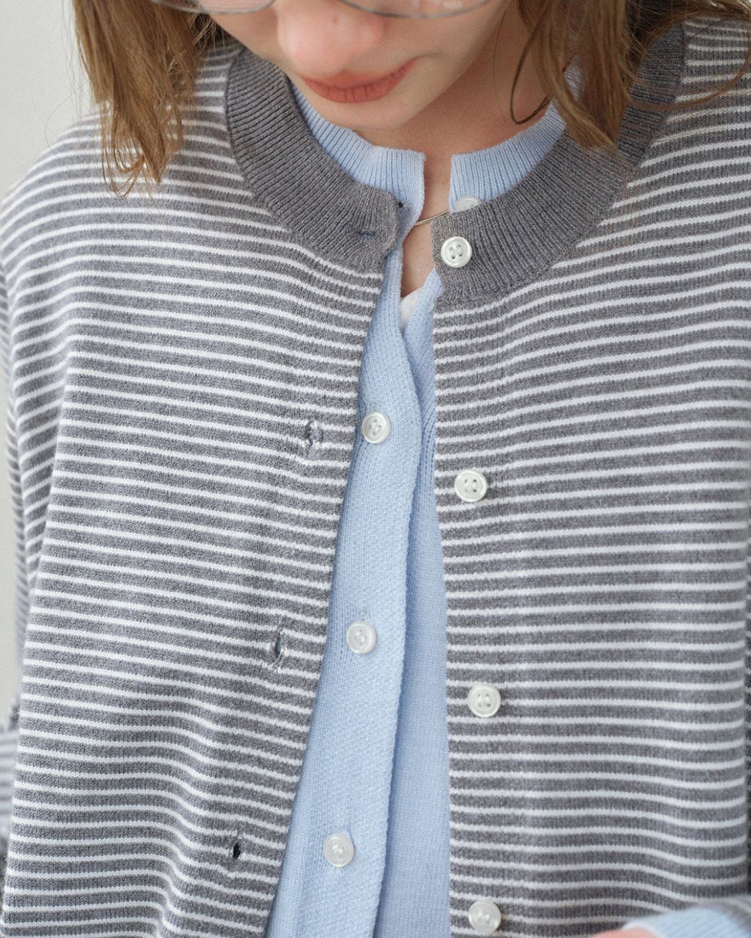 Fake Layered Fine Border Knit Cardigan　KN099