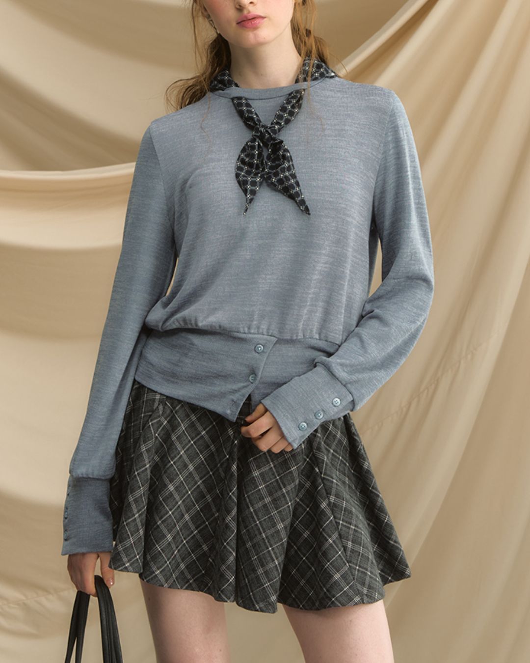 Checkered Scarf Buttoned Top　LT005