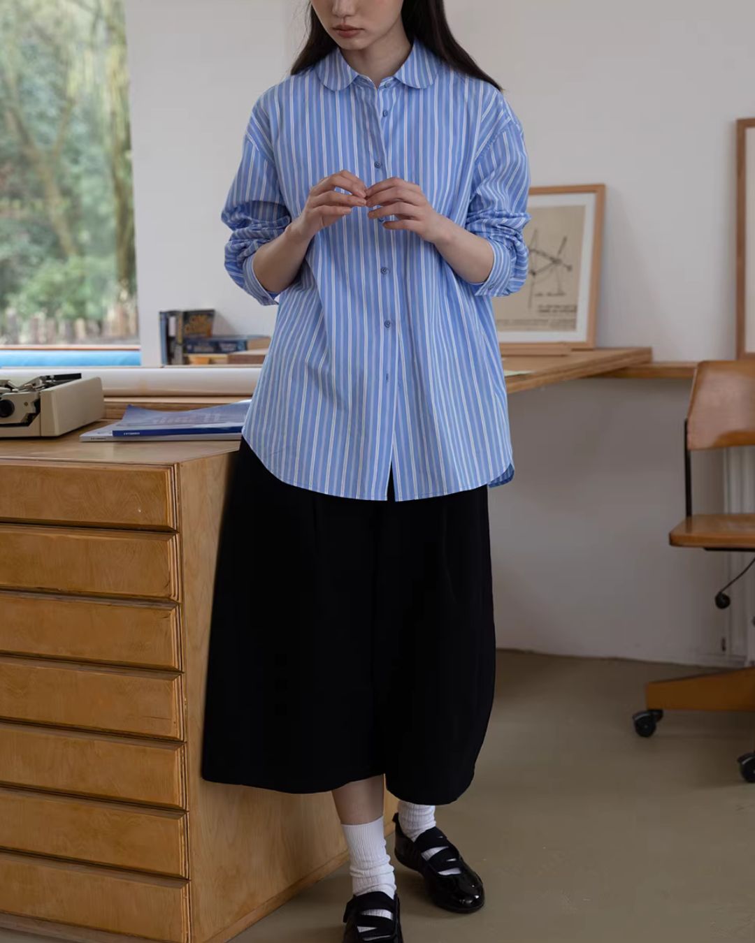 Round-collar Loose Striped Shirt　LS063