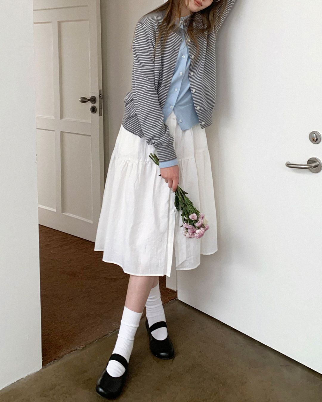Fake Layered Fine Border Knit Cardigan　KN099