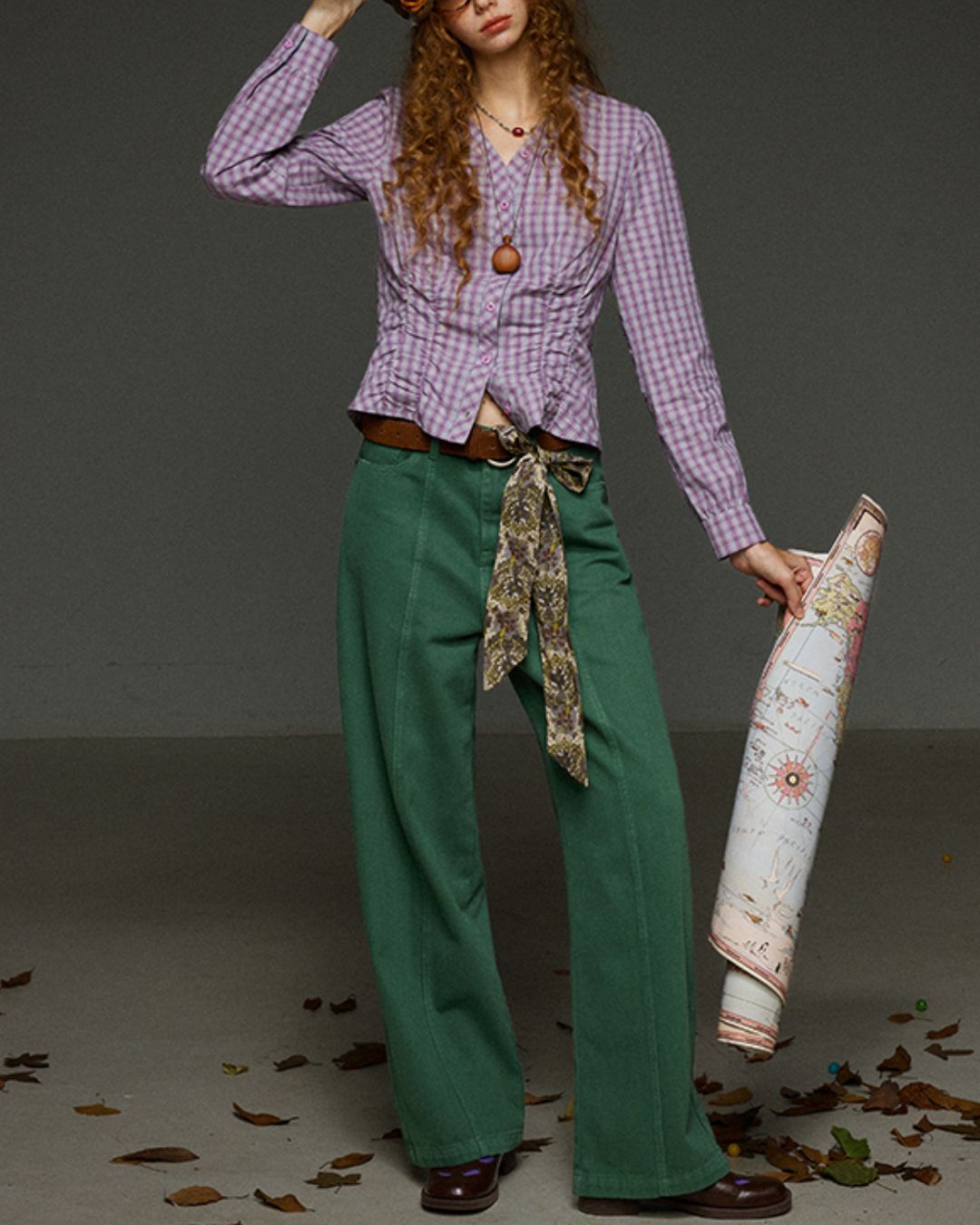 Check V-neck Shirred Shirt　LS028