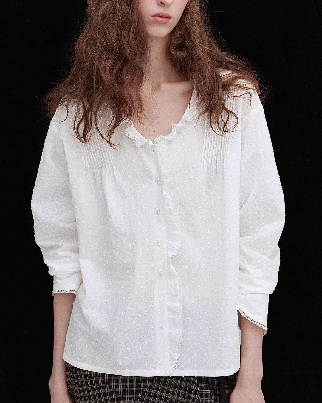 Frilled V-neck Lace Embroidered Shirt　LS067
