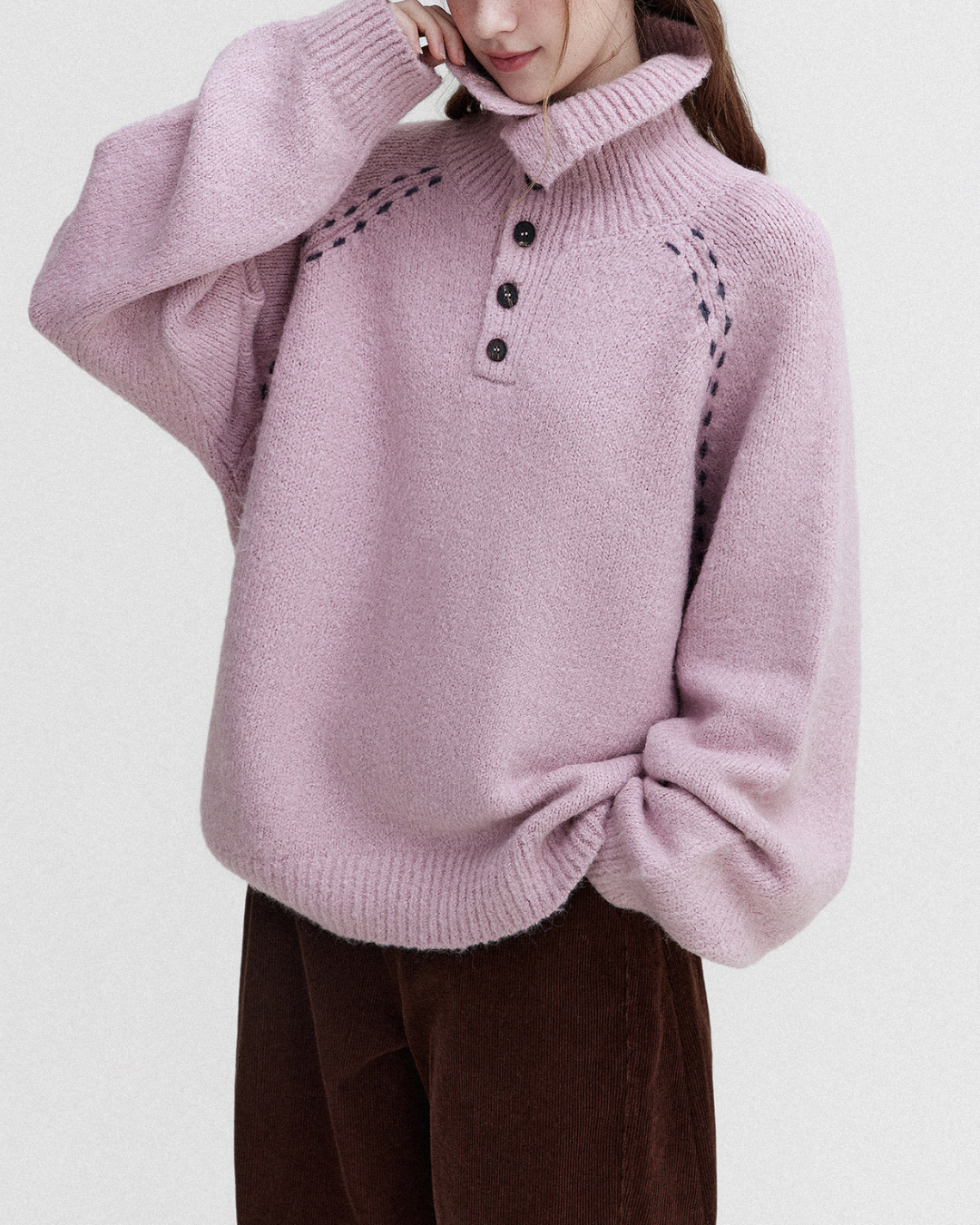 Contrast Stitch Half Open Collar Knit　KN085