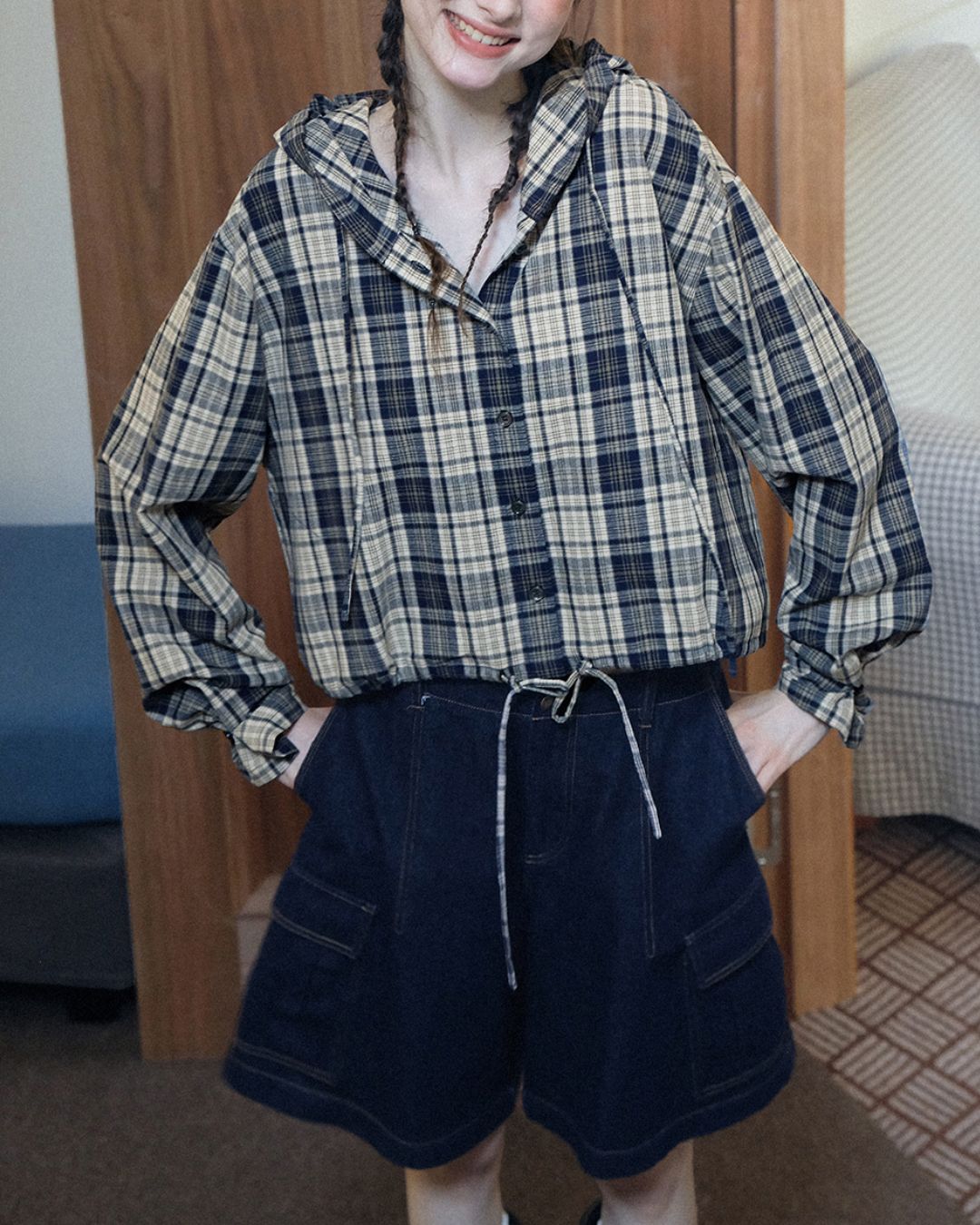 Hooded Drawstring Checked Shirt　LS018