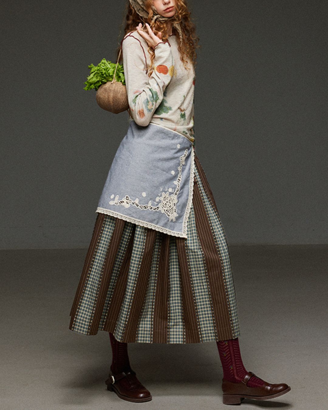 Check And Striped Contrast Color Skirt　SK007