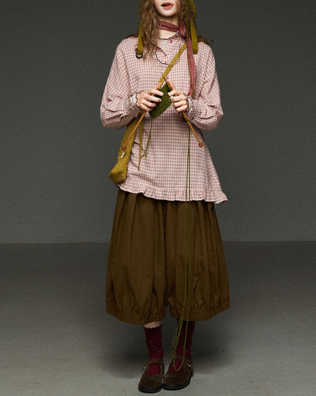 Pink Checked Ruffle Shirt　LS027