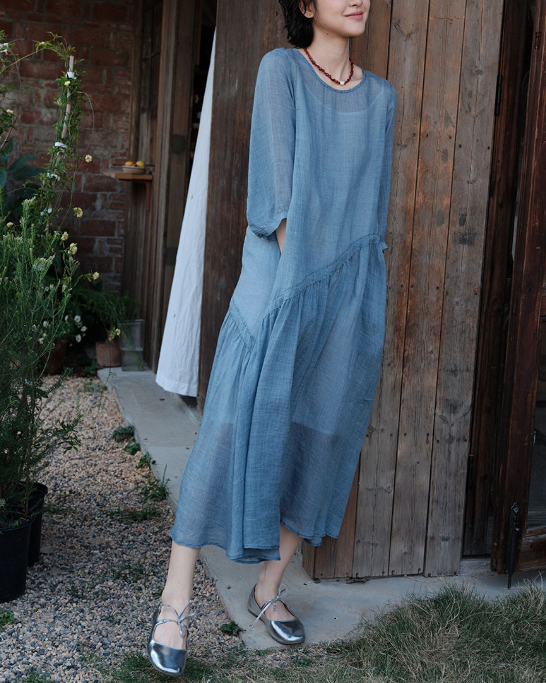 Ramie Drawstring A-Line Dress　OP005