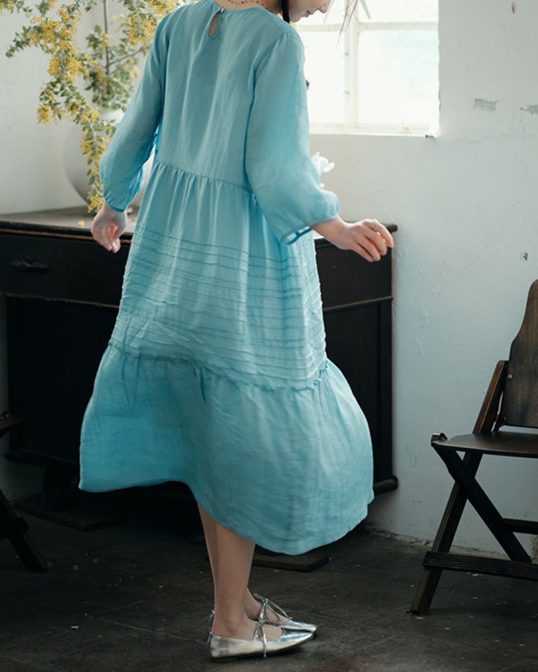 Round Neck 3/4 Sleeve Ramie Dress　OP004