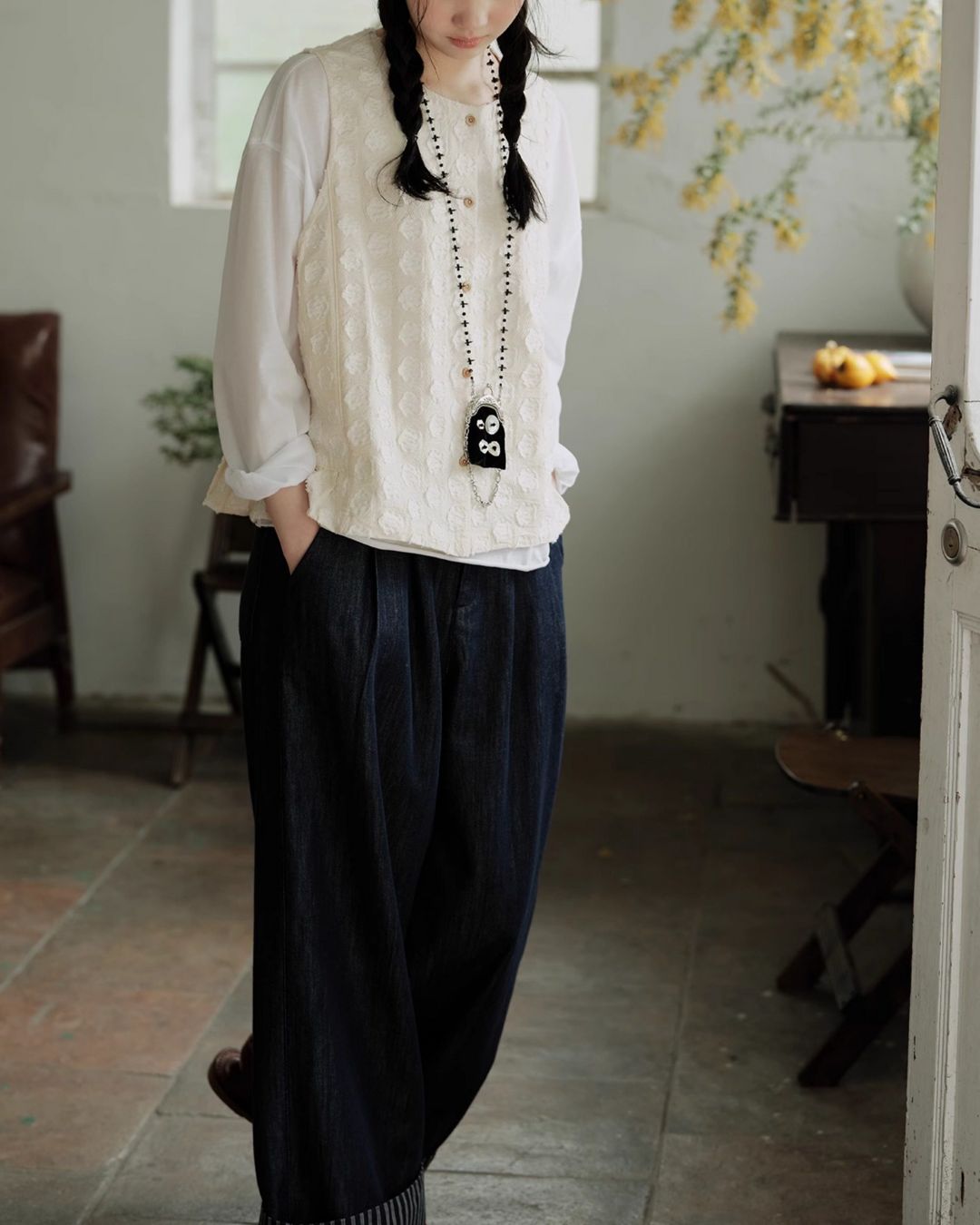 Cotton Linen Jacquard Peplum Vest　VT017