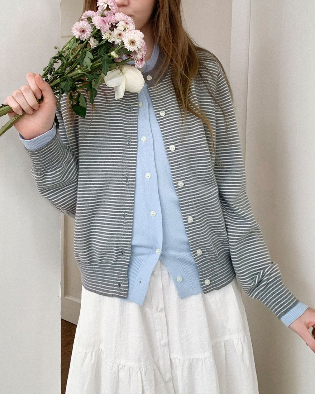 Fake Layered Fine Border Knit Cardigan　KN099