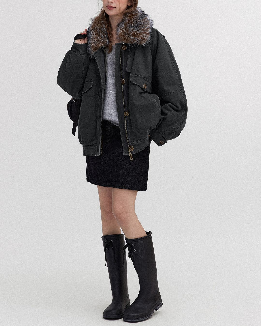 Fur Collar Padded Denim Jacket　JK058