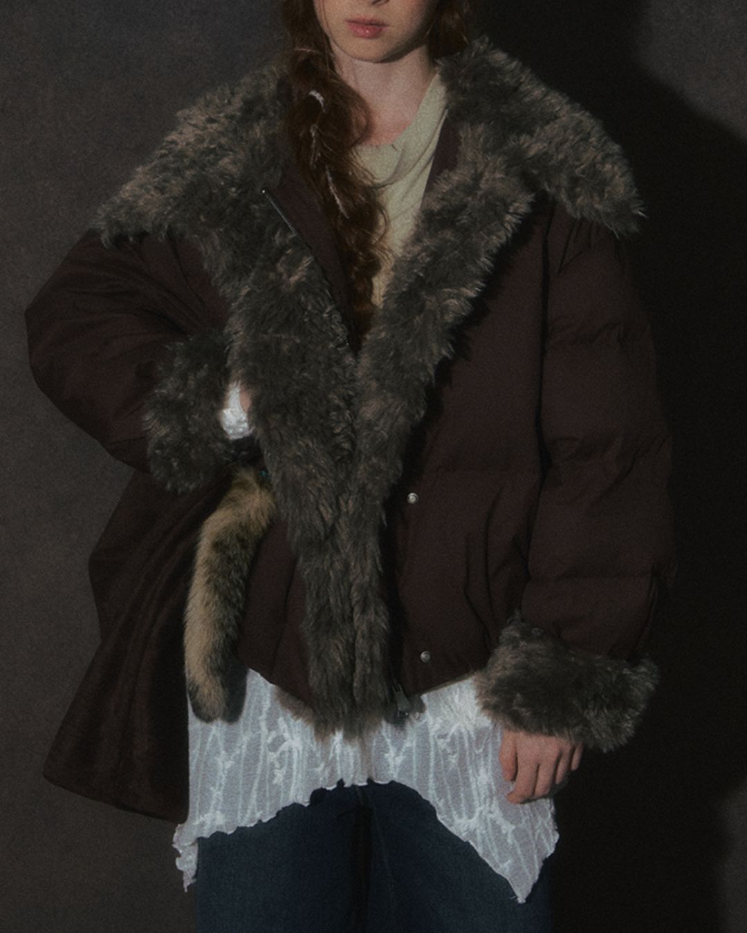 Asymmetrical Fur Short Down Jacket　JK065
