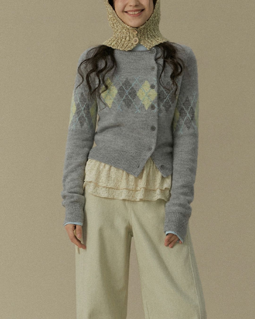 Asymmetrical Argyle Knit Cardigan　KN082