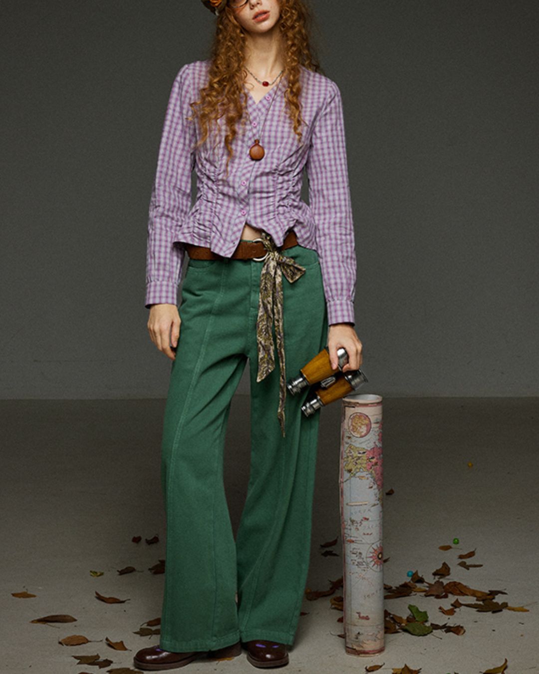 Check V-neck Shirred Shirt　LS028