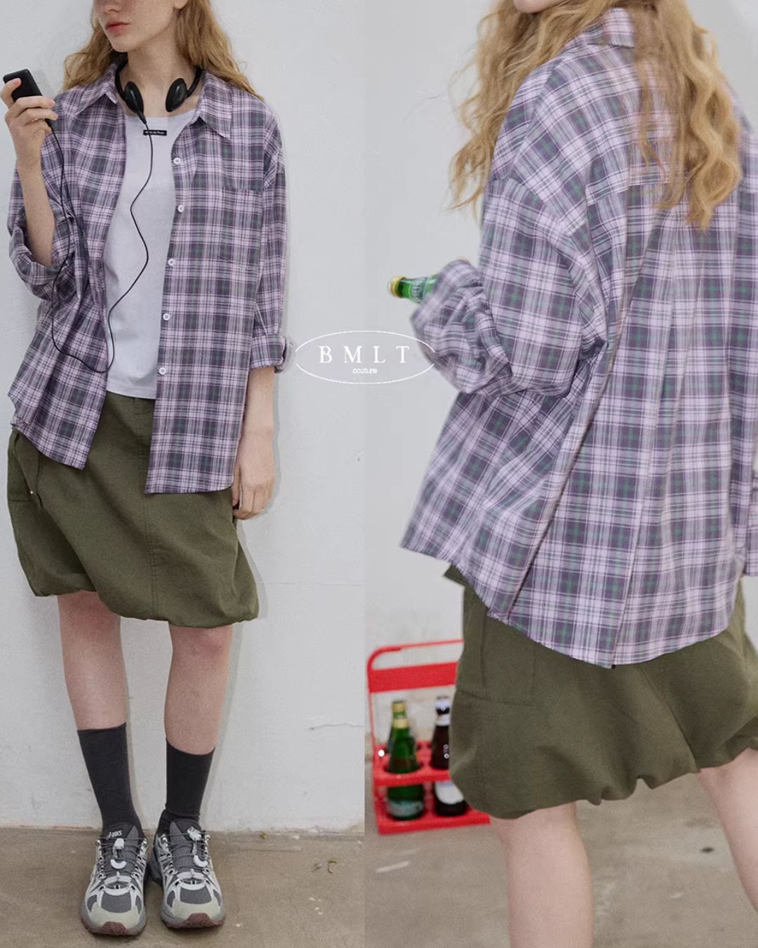 Light Purple Relaxed Check Shirt　LS069
