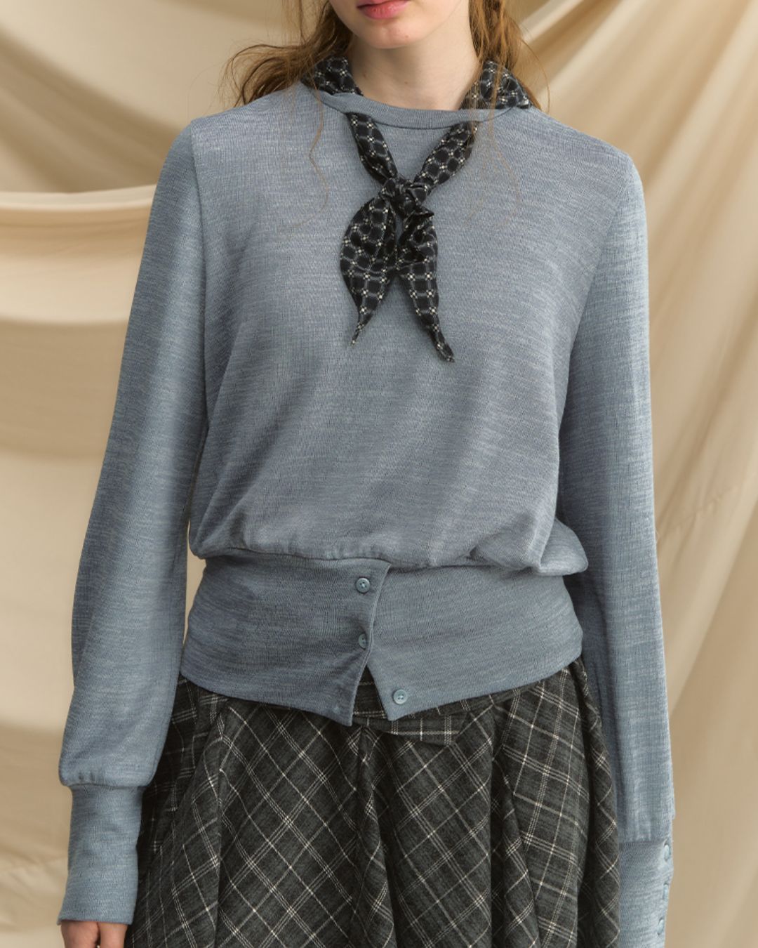 Checkered Scarf Buttoned Top　LT005