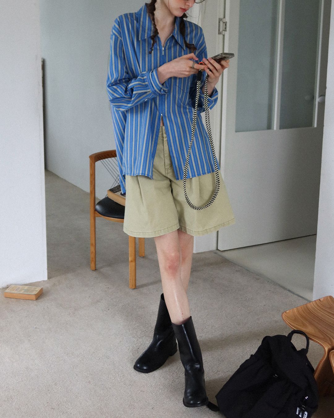 Double Zipper Striped Shirt　LS014