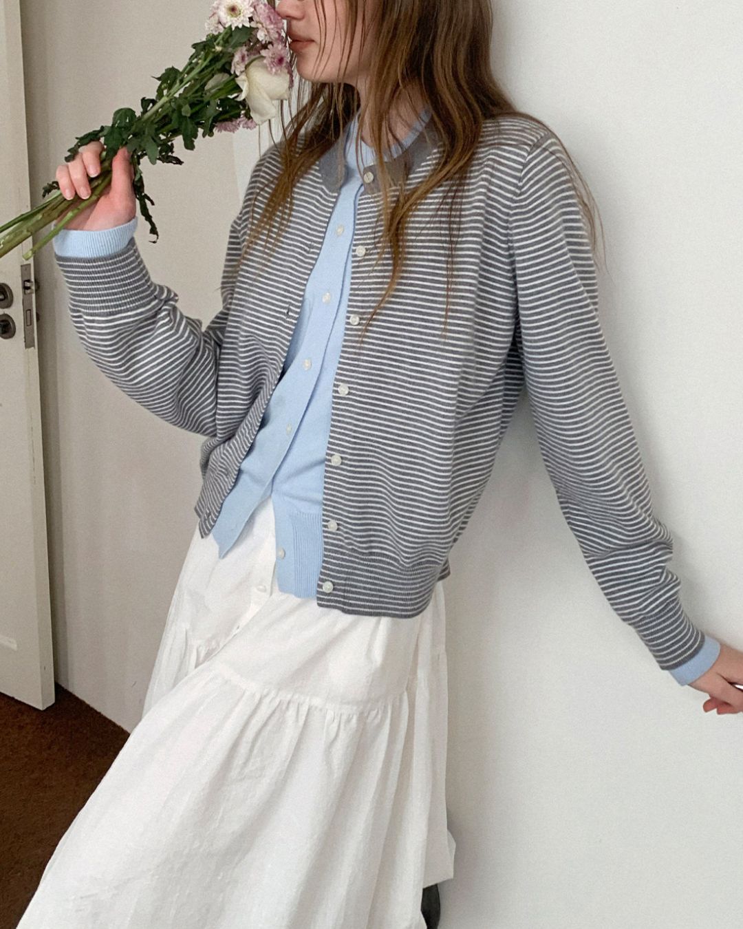 Fake Layered Fine Border Knit Cardigan　KN099