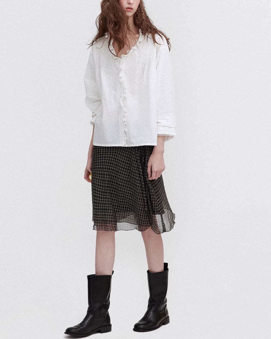 Frilled V-neck Lace Embroidered Shirt　LS067