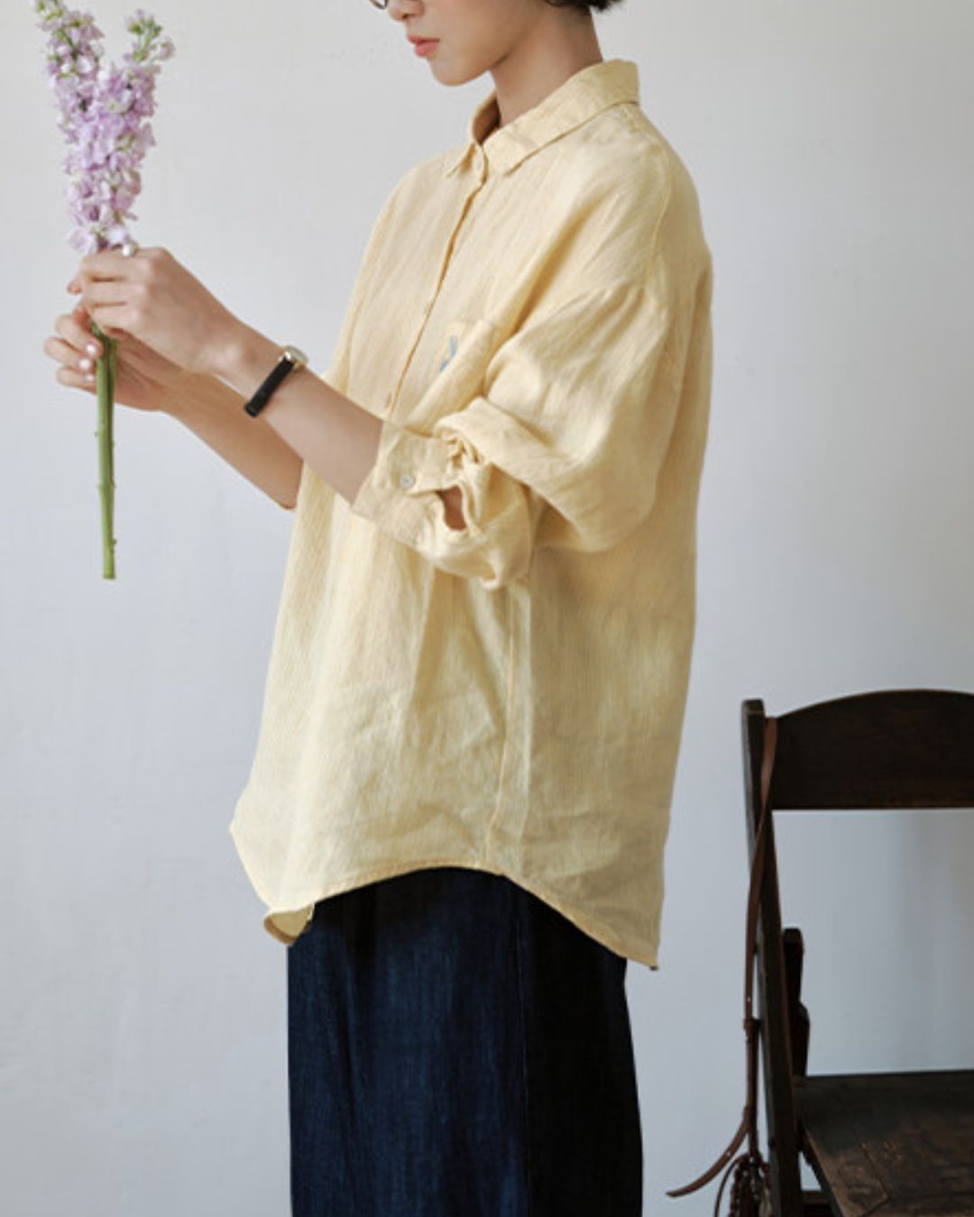 Drop Shoulder Striped Linen Shirt　LS042